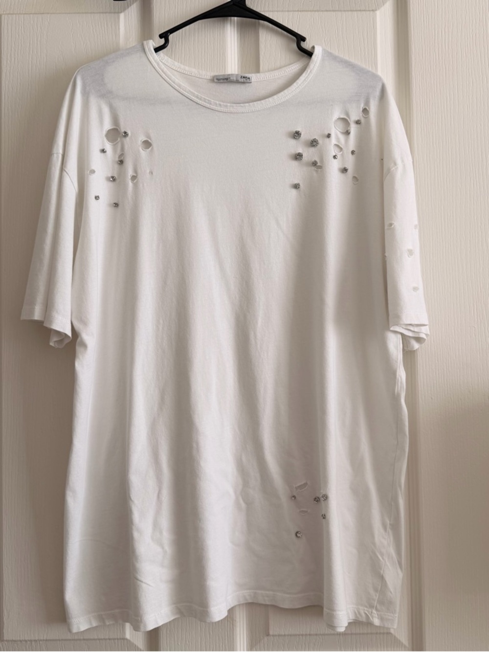 Zara White Short-Sleeve Tee with Distressed Holes and Stud Embellishment